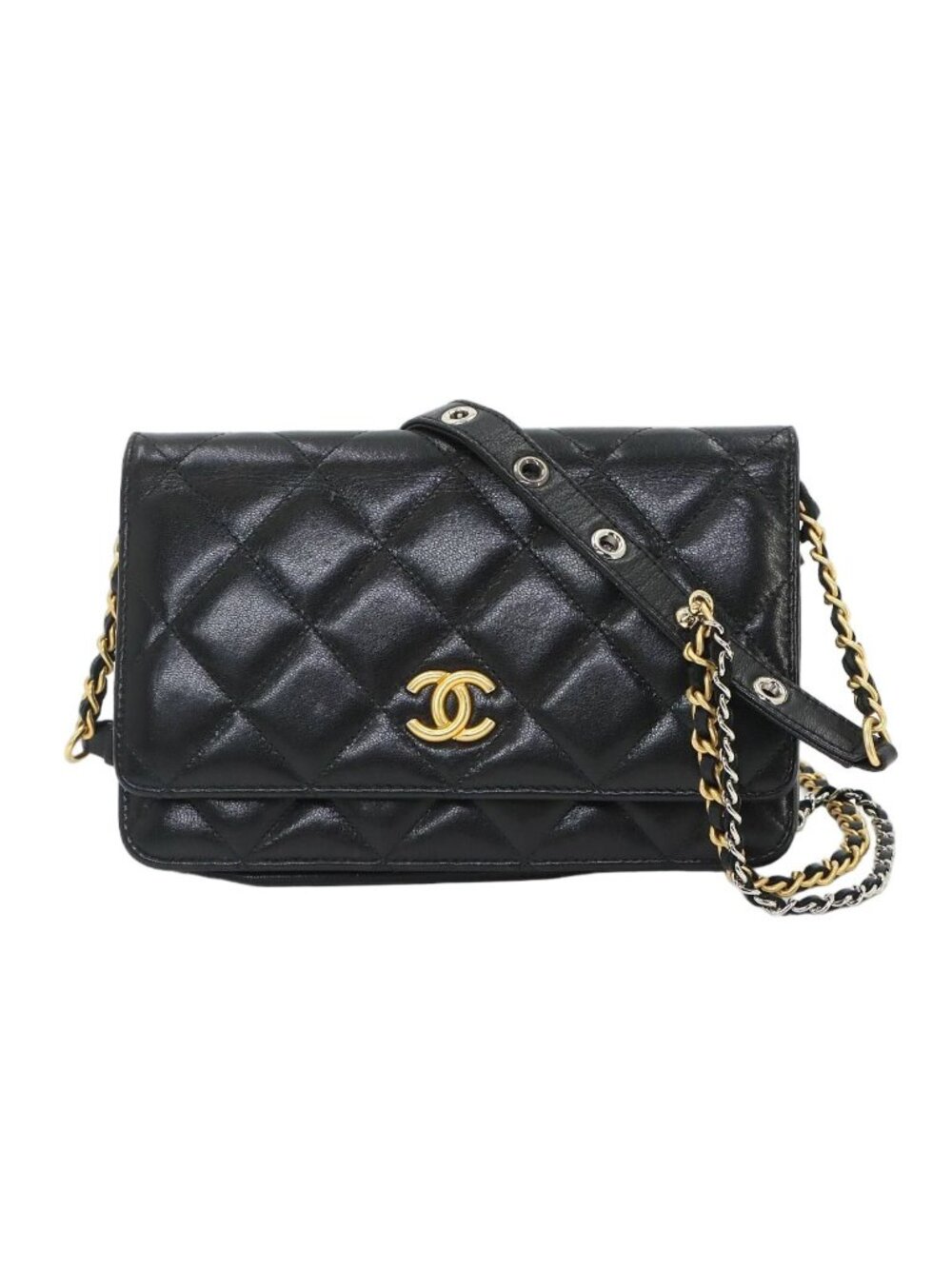 Chanel Quilted Chain Wallet Leather Black Gold Silver Shoulder Bag